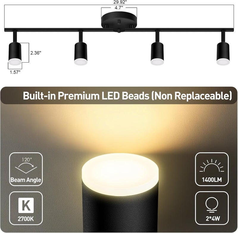 AUQUEE 4 Light Track Lighting Fixtures Ceiling, 16W/2700K Black Track Lighting with Acrylic Lampshade & Rotatable Light Heads, 20000hrs Lifespan, Modern LED Track Lights Ceiling for Kitchen/Hallyway - Image 3